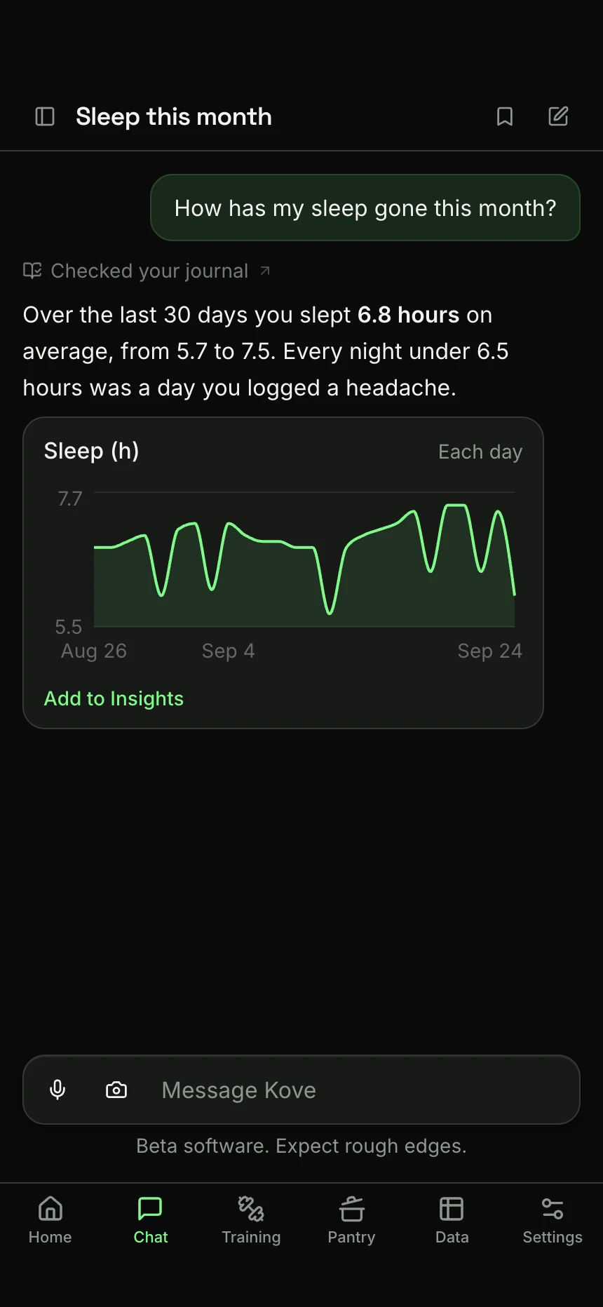 Kove answering “How has my sleep gone this month?”: it checked the journal, gives the average and the range, and draws the last 30 nights as a chart.