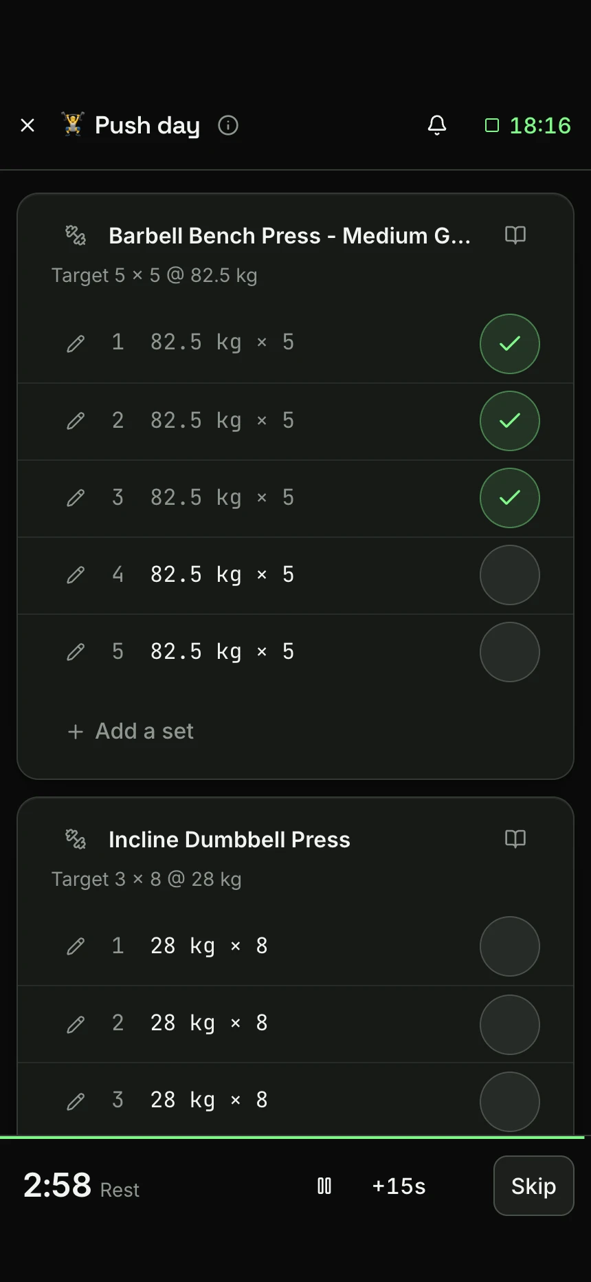 The gym checklist for Push day: five sets of bench press at 82.5 kg, three ticked, a rest timer at 2:58.