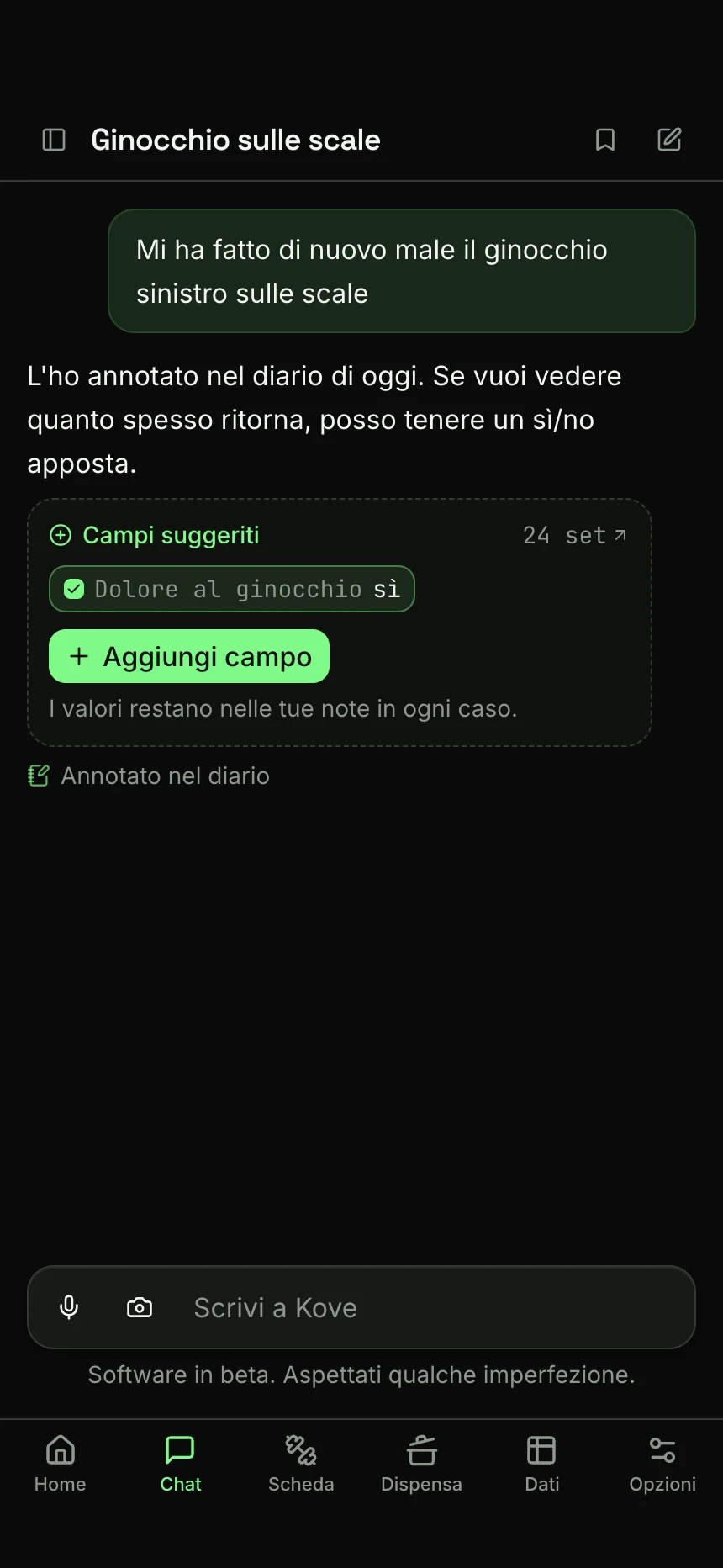 Kove risponde a “Mi ha fatto di nuovo male il ginocchio sinistro sulle scale”: ha annotato la riga nel diario e propone un nuovo campo sì/no, Dolore al ginocchio, con il pulsante Aggiungi campo.