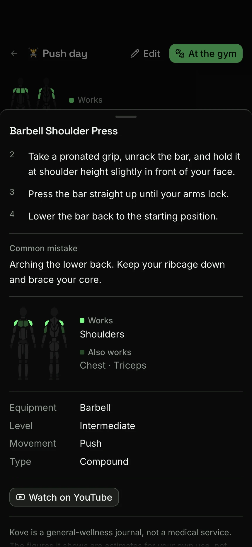 The how-to for a barbell shoulder press: the steps, the common mistake, the muscles it works (shoulders, then chest and triceps), the equipment and a link to a video.
