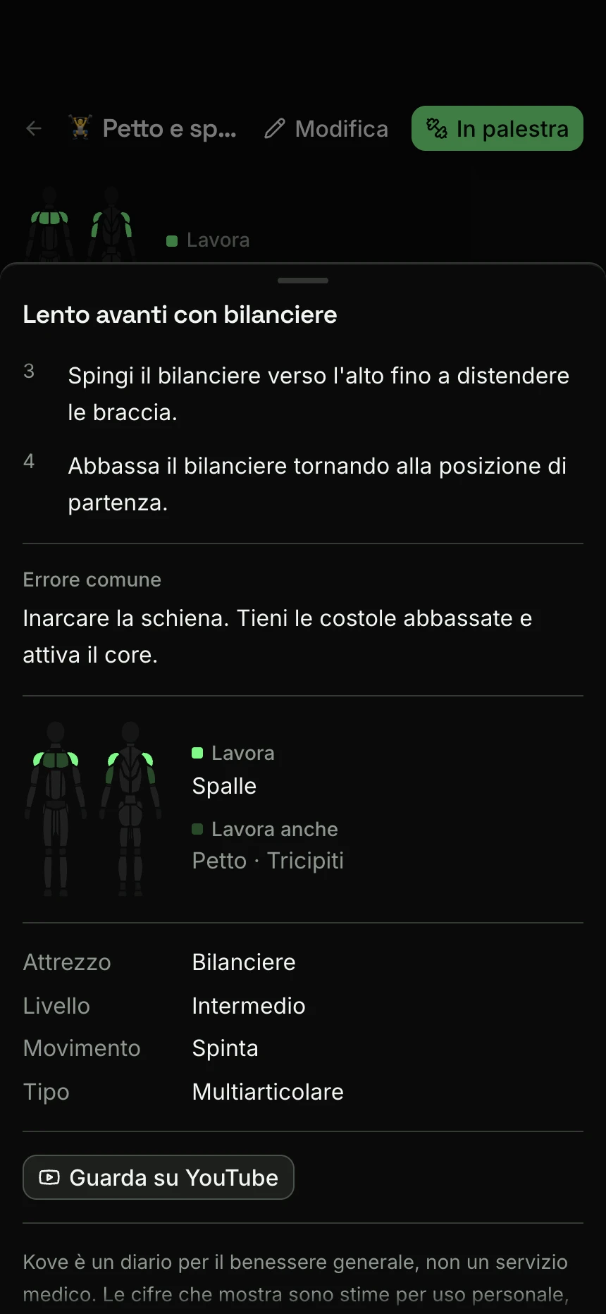 La spiegazione del lento avanti con bilanciere: i passaggi, l'errore comune, i muscoli che fa lavorare (spalle, poi petto e tricipiti), l'attrezzo e un link a un video.
