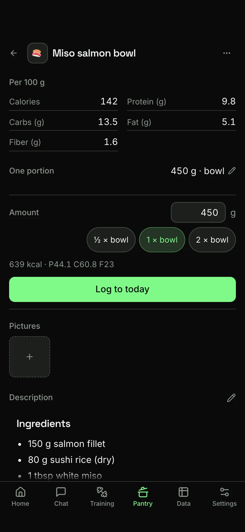A saved food in the Pantry tab: its figures per 100 g, one portion of 450 g, that amount ready to log, and the Log to today button.